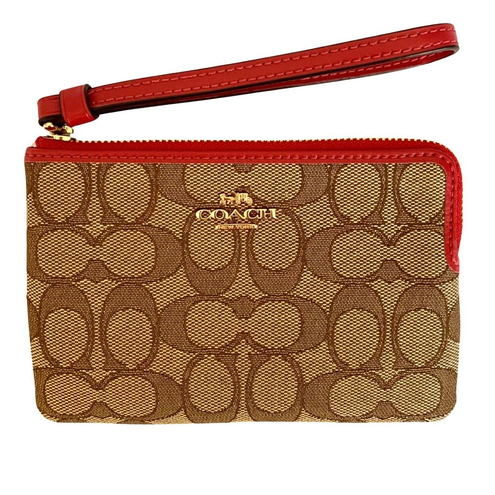 Coach Kahki Canvas Monogram with Red Strap Wristlet - Picture 1 of 6